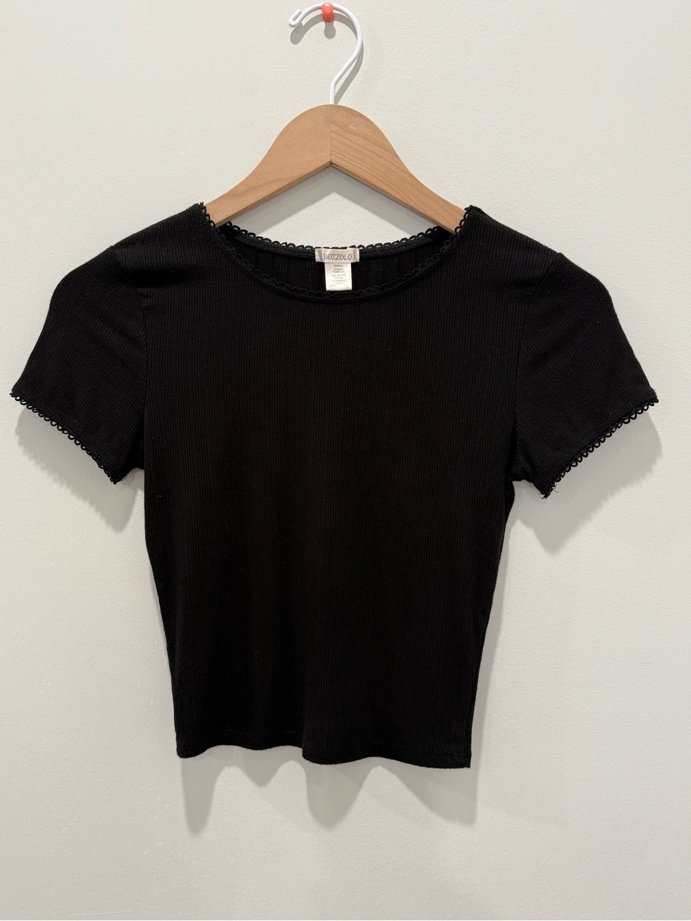 Bozzolo Black Ribbed Short Sleeve Crop Top with Picot Edging